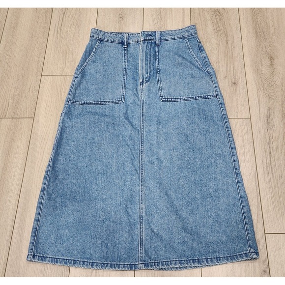 Vans Dresses & Skirts - Vans Womens Denim Blue Jean Midi Skirt A-Line Carpenter Pocket back Slit Size 27